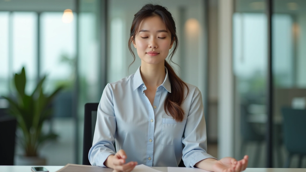 办公桌前一个女性在工作间隙进行快速冥想，背景是现代办公室
